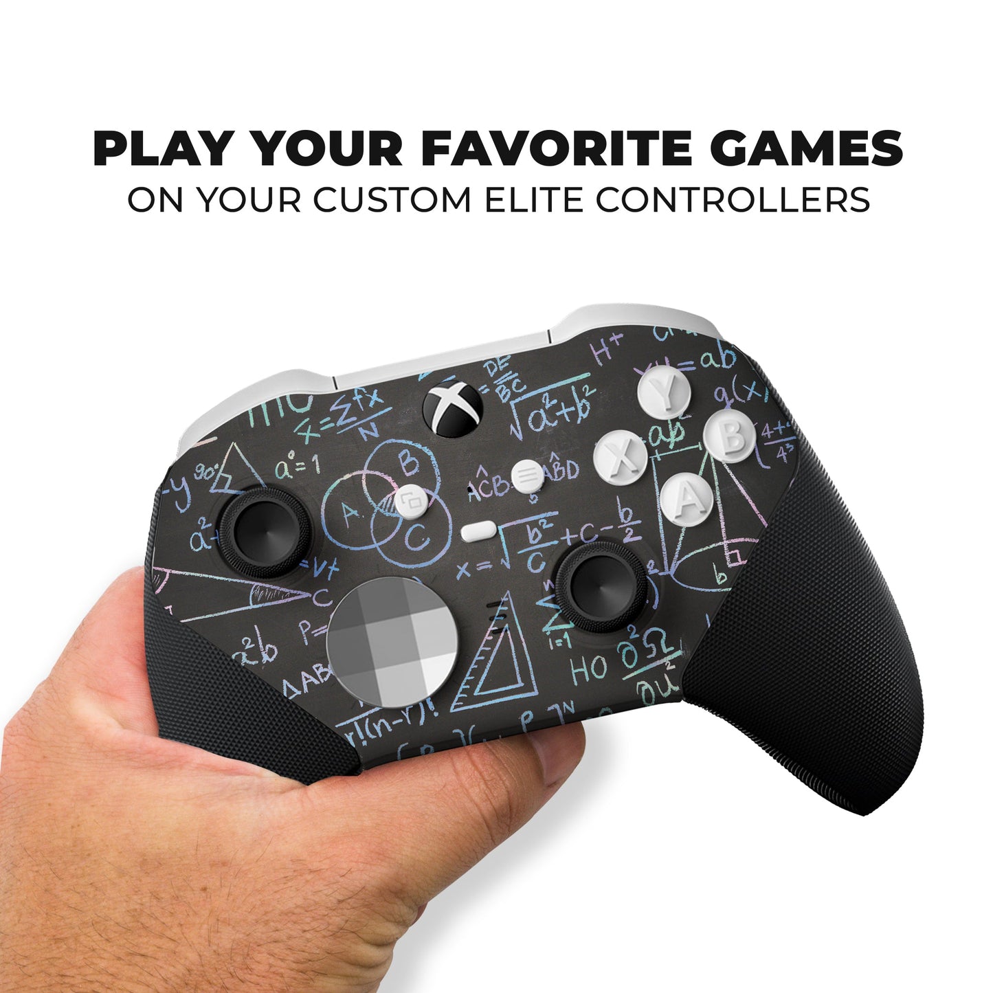 Hand holding black science-themed game controller with hydro-dip equation design
