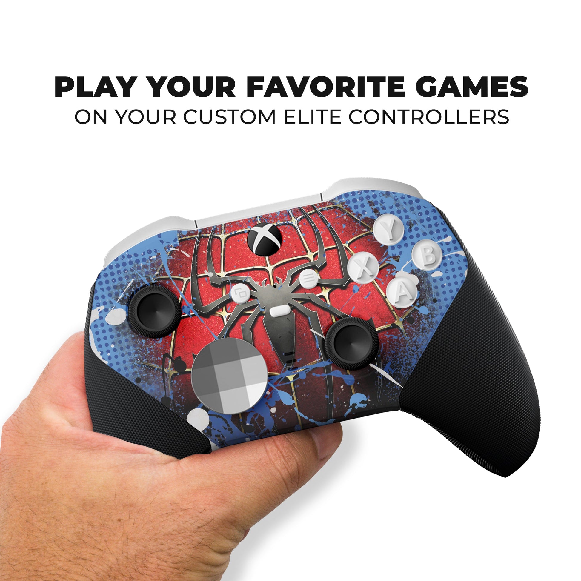 Spider-Man hydro-dip Xbox controller held in hand, red-and-blue faceplate