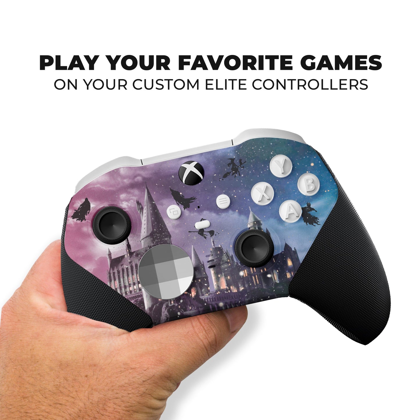 Xbox Elite Series 2 Core controller in hand with Hogwarts hydro-dip purple/blue front