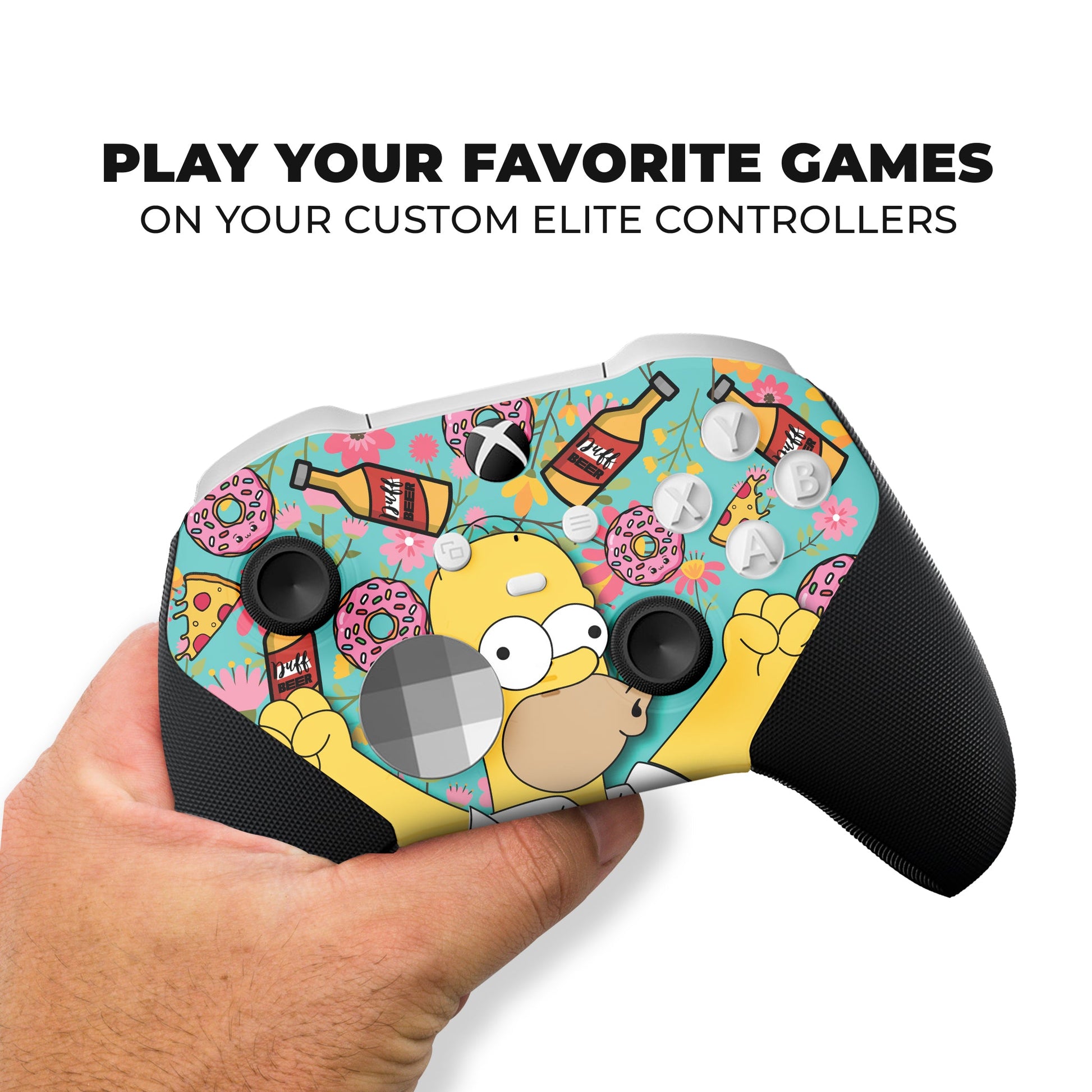 Hand holding Xbox Elite Series 2 Core controller with colorful Simpsons-style print and black grips
