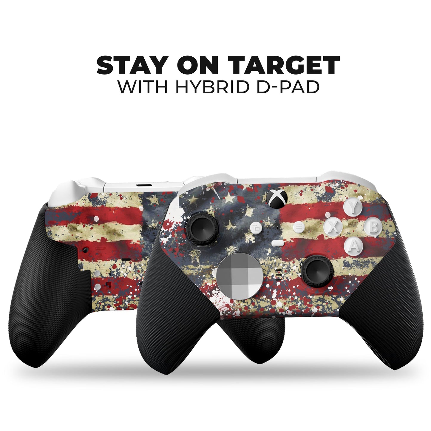 Pair of Xbox Elite Series 2 Core controllers with tattered USA flag hydro-dip fronts
