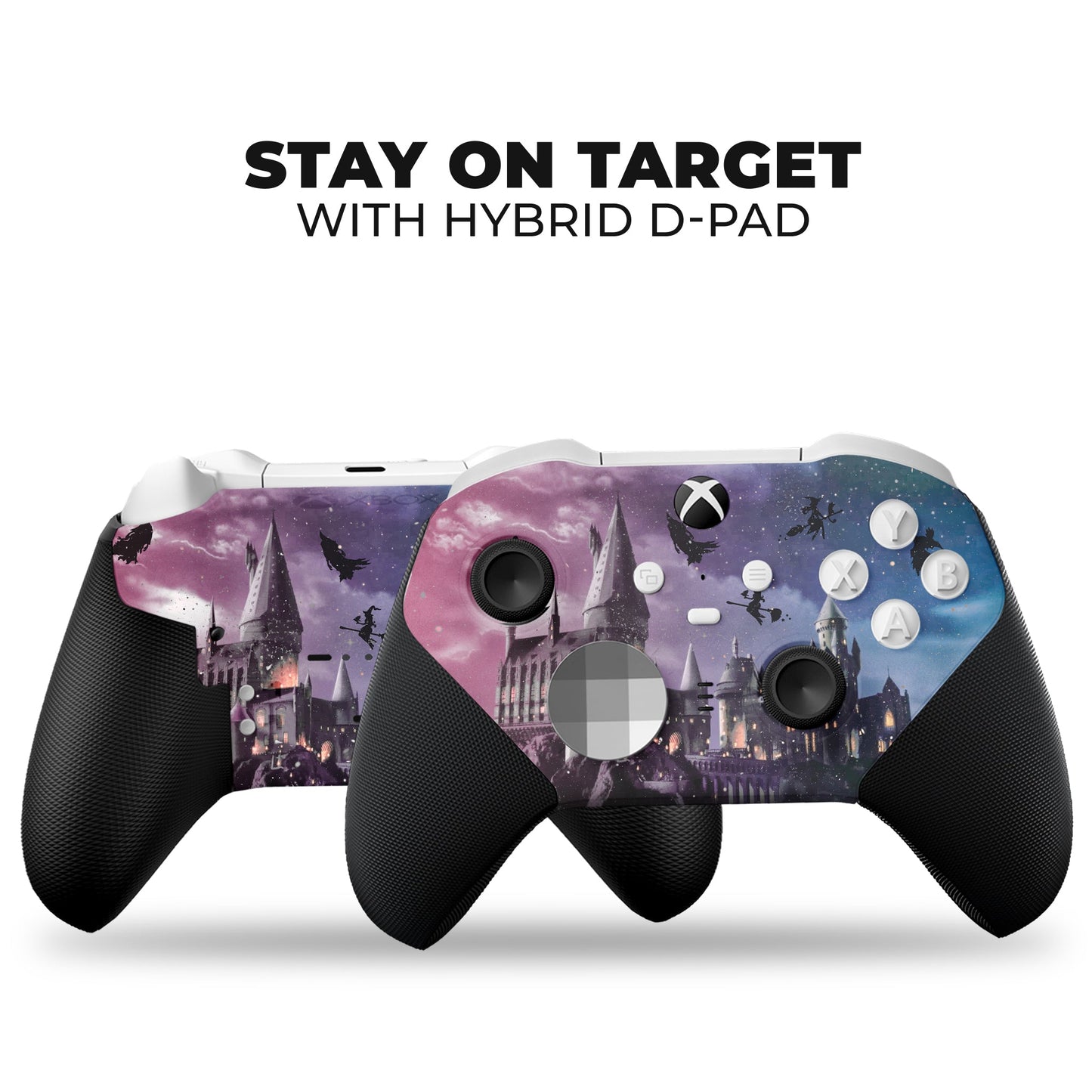 Xbox Elite Series 2 Core controller with Hogwarts hydro-dip purple/blue front and handles