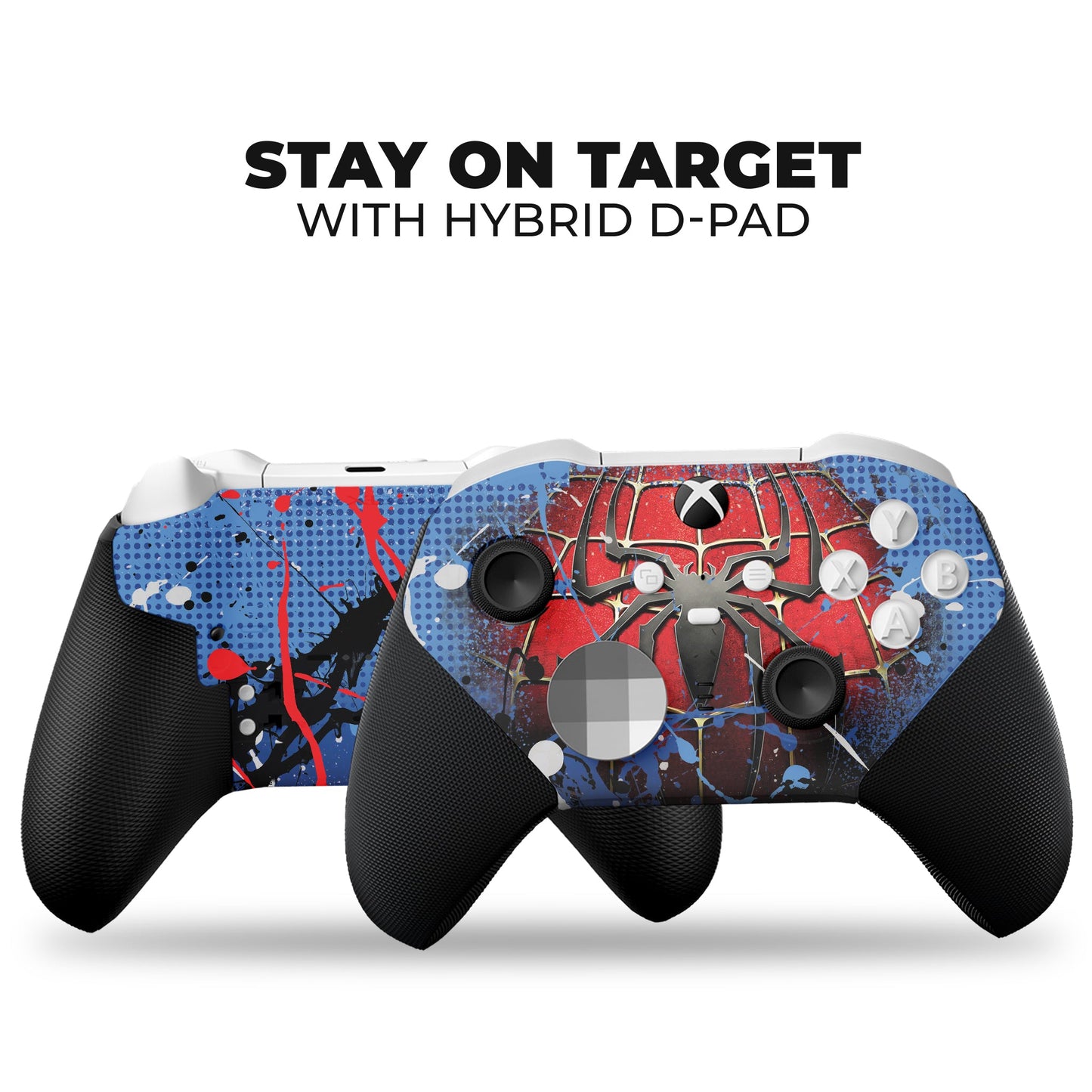 Two Xbox controllers side-by-side with red-and-blue Spider-Man hydro-dip faceplates