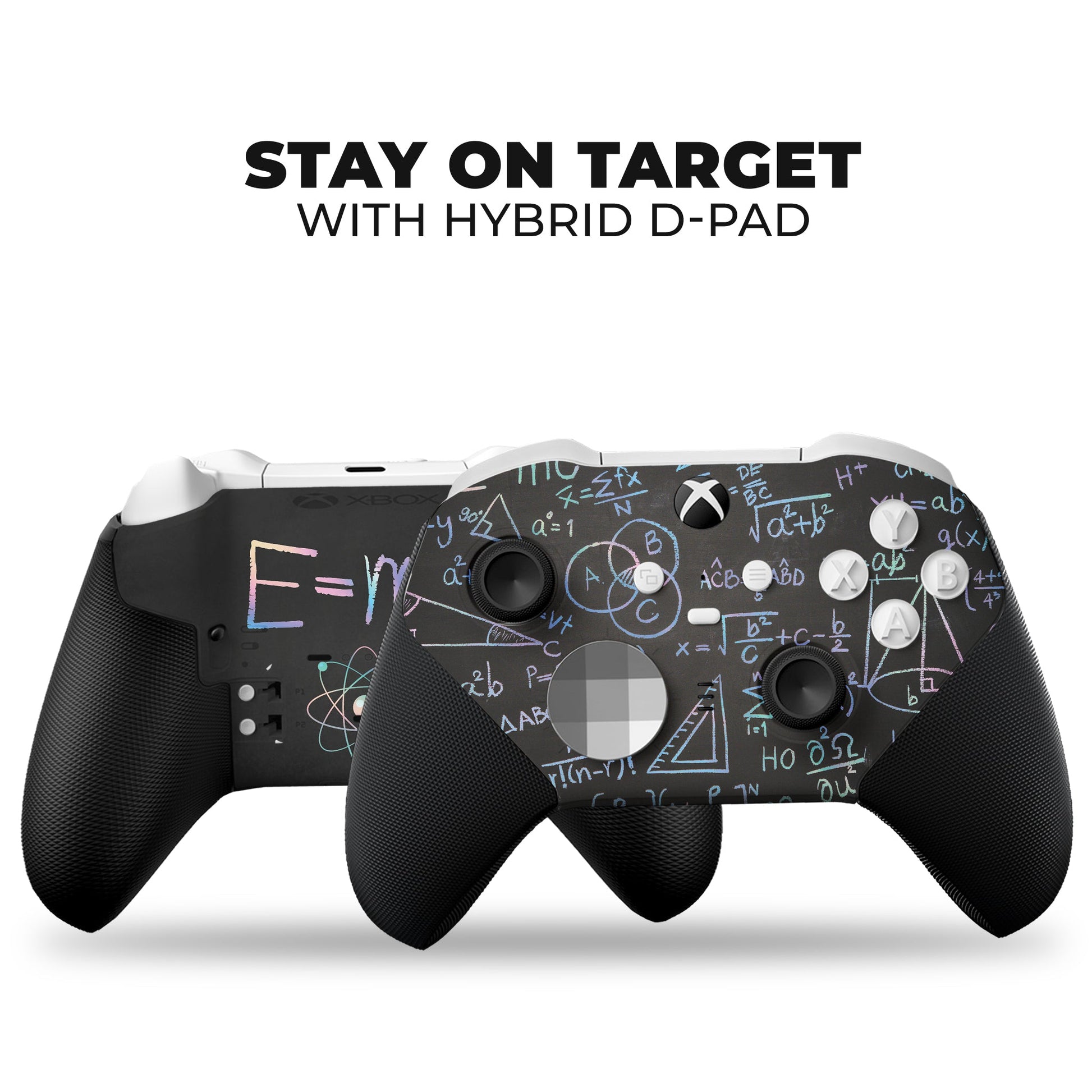 Science-equation hydro-dip game controller with colorful E=mc design, angled view