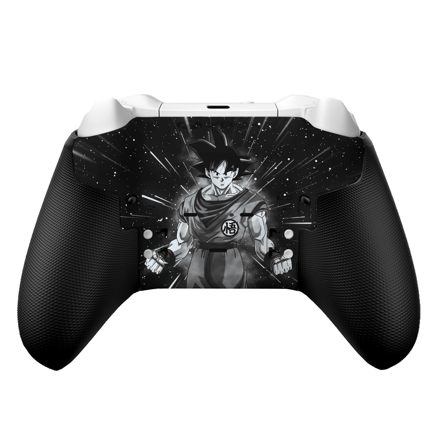 Xbox Elite controller front with black-and-white Goku Ultra Instinct hydro-dip design