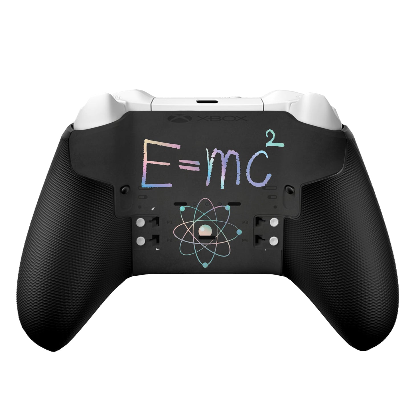 Black game controller with hydro-dip E=mc formula graphic and textured grips