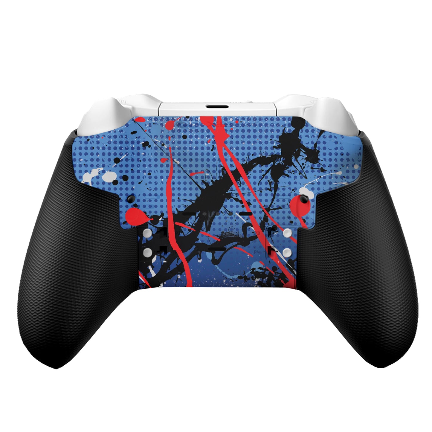 Xbox controller back shell with red-and-blue Spider-Man hydro-dip graphic