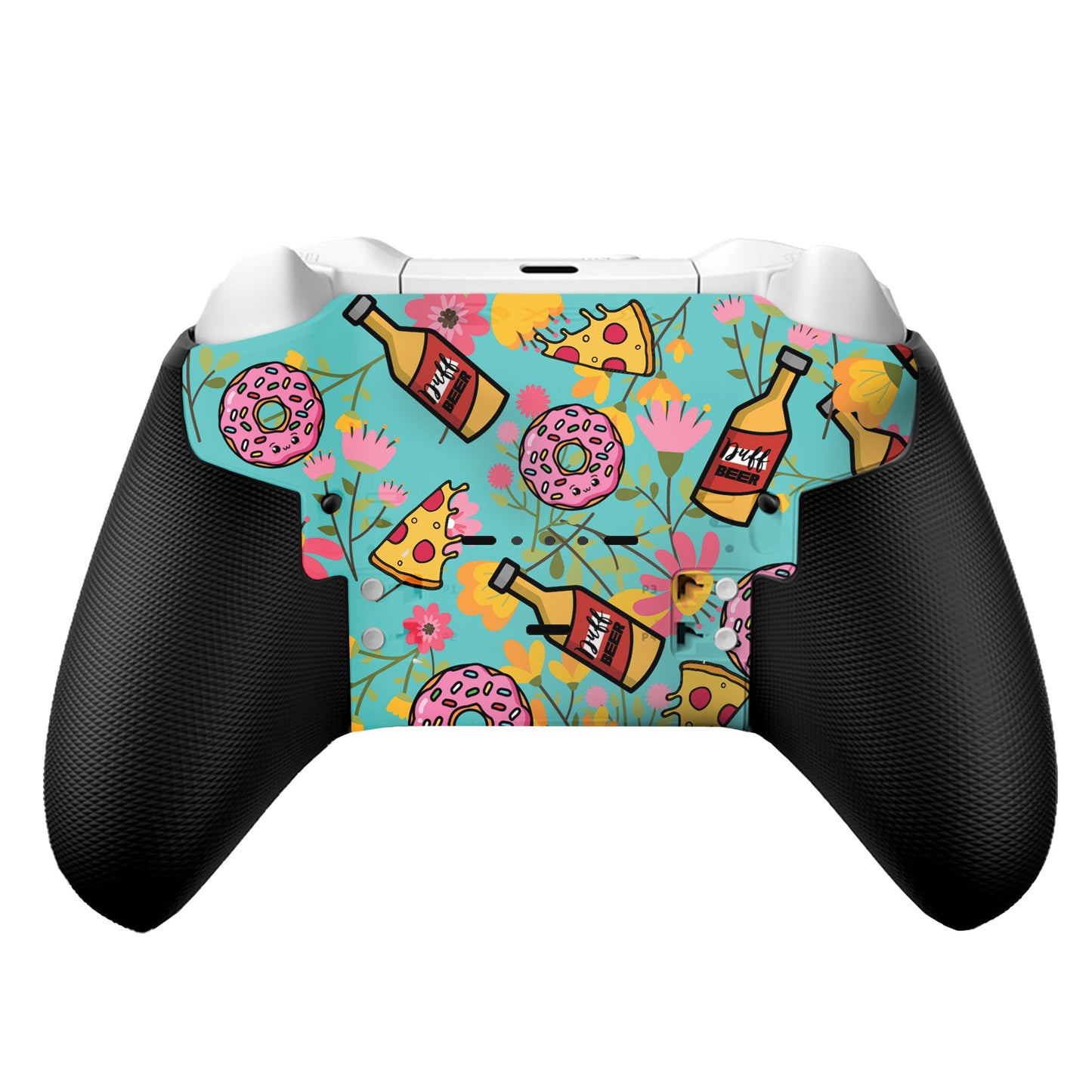 Xbox Elite Series 2 Core controller back with colorful drink and donut pattern, black grips