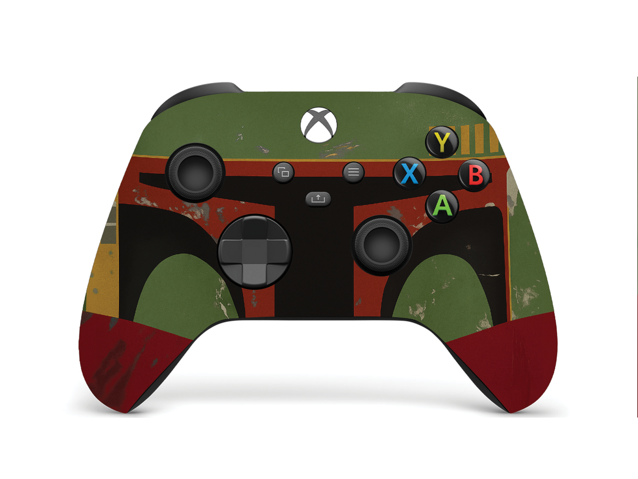 Xbox controller with green, red Boba-inspired armor wrap and colored button icons