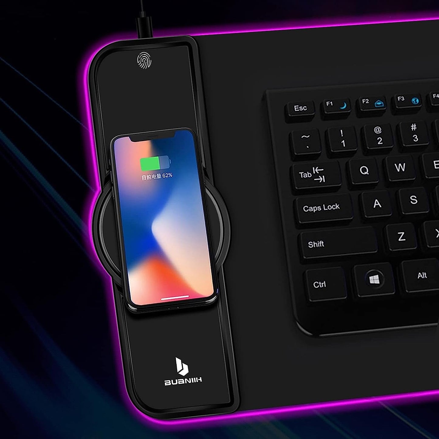 Black mouse pad with built-in wireless charging pad and RGB glow edge