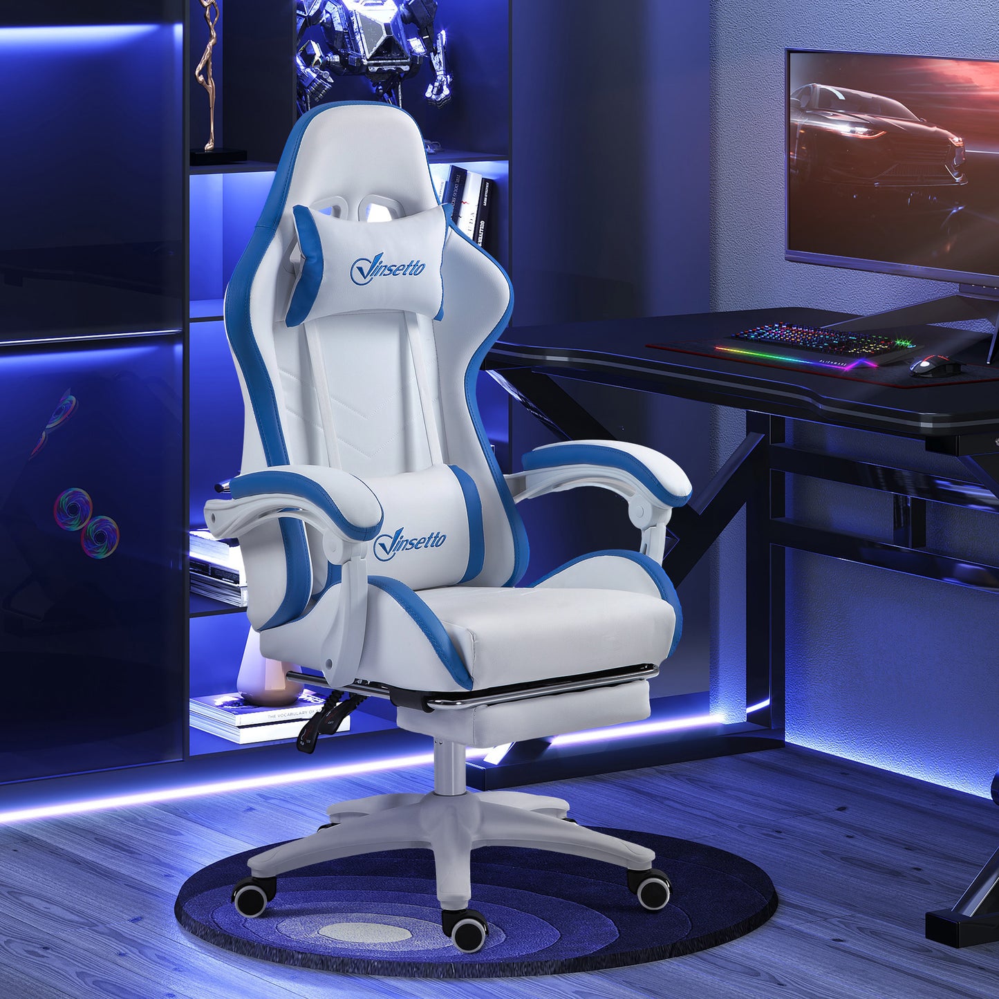 White and blue gaming chair with headrest, lumbar support, and rolling base