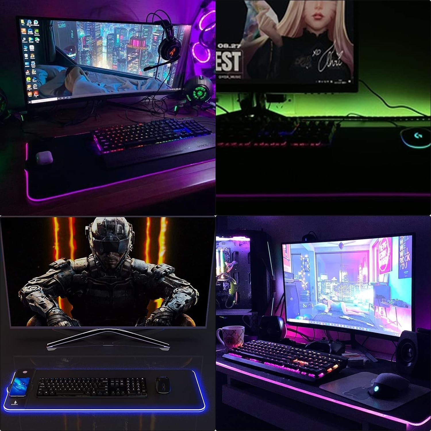 Black gaming mouse pad with RGB border in a gaming desk setup