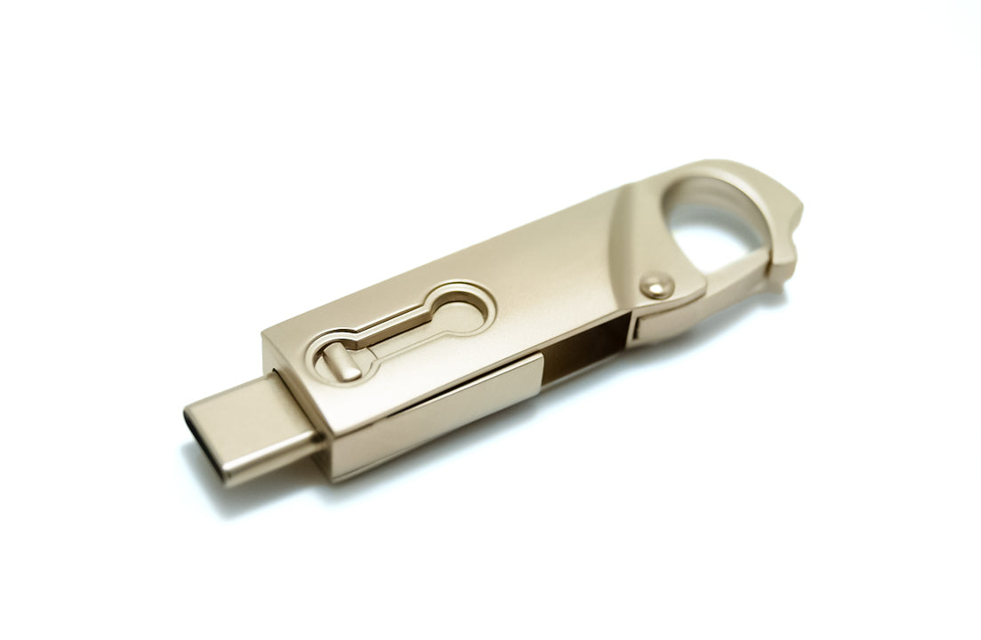 Silver-gray unprinted USB flash drive with USB plug and keychain loop