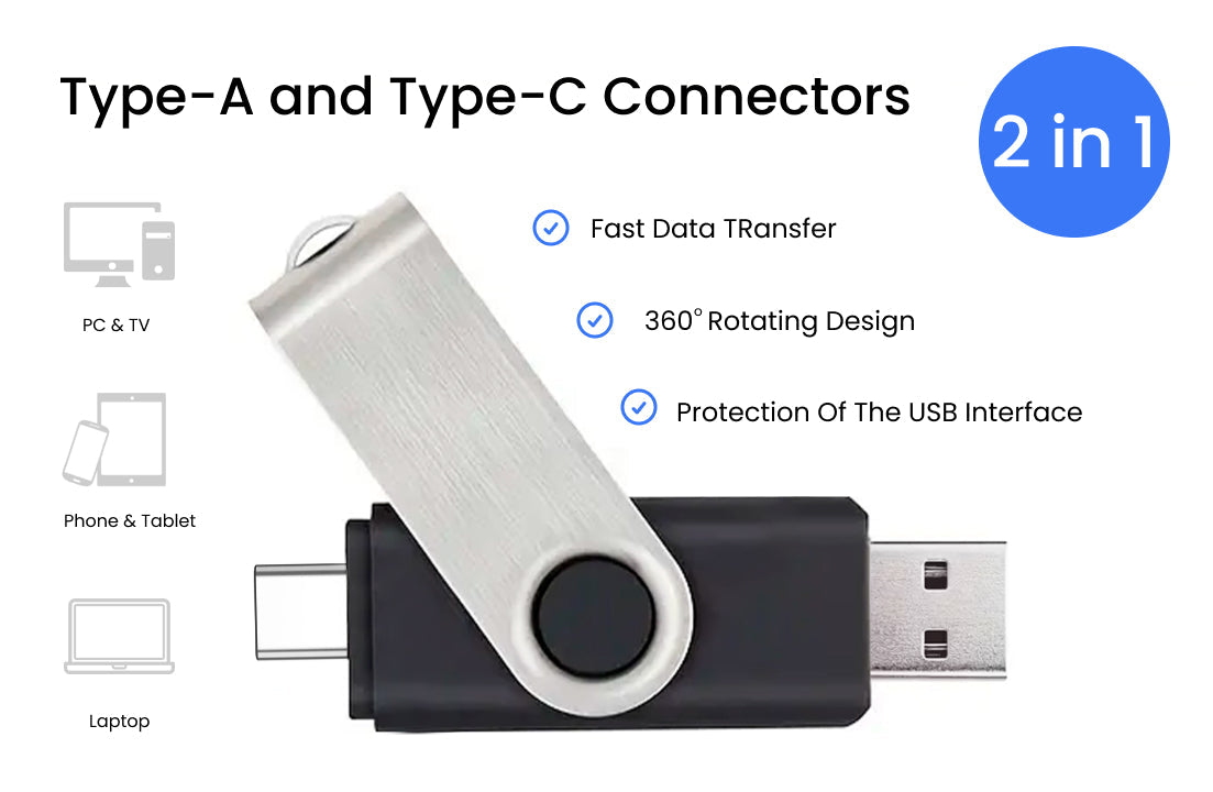 Dual USB 3.1 flash drive with rotating silver connector and black housing