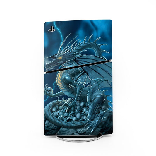 PS5 Slim console skin with blue dragon and claw artwork, includes PlayStation logo