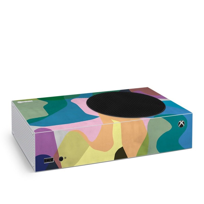 Xbox Series S console skin with colorful abstract camo pattern and Xbox logo