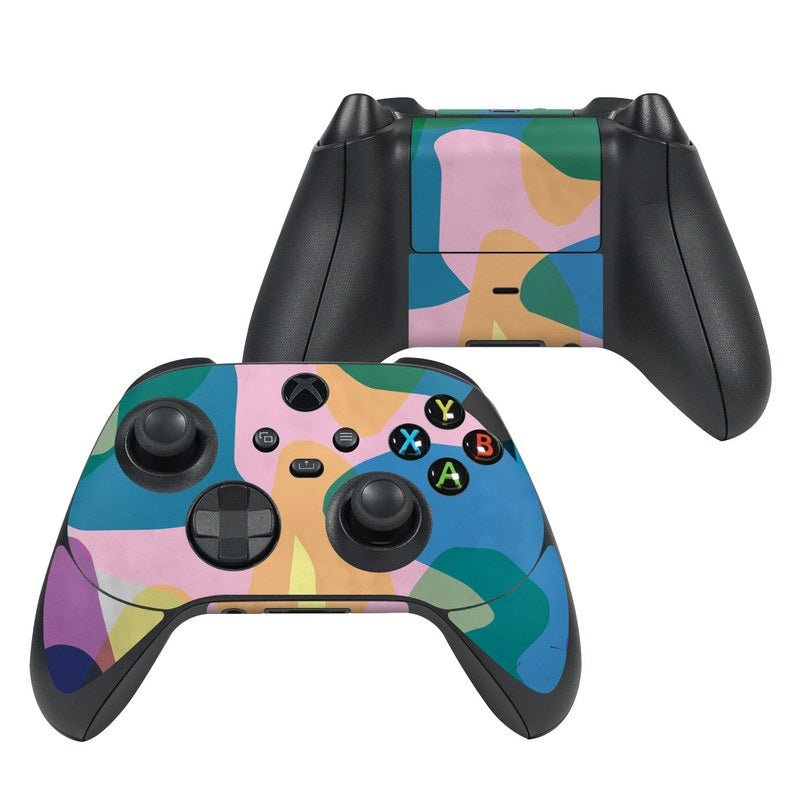 Abstract camo Xbox controller skin with colorful button and thumbstick cutouts