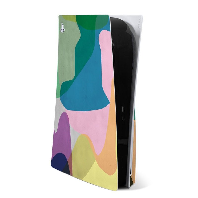 Abstract camo PS5 console skin with colorful geometric pattern on the front panel