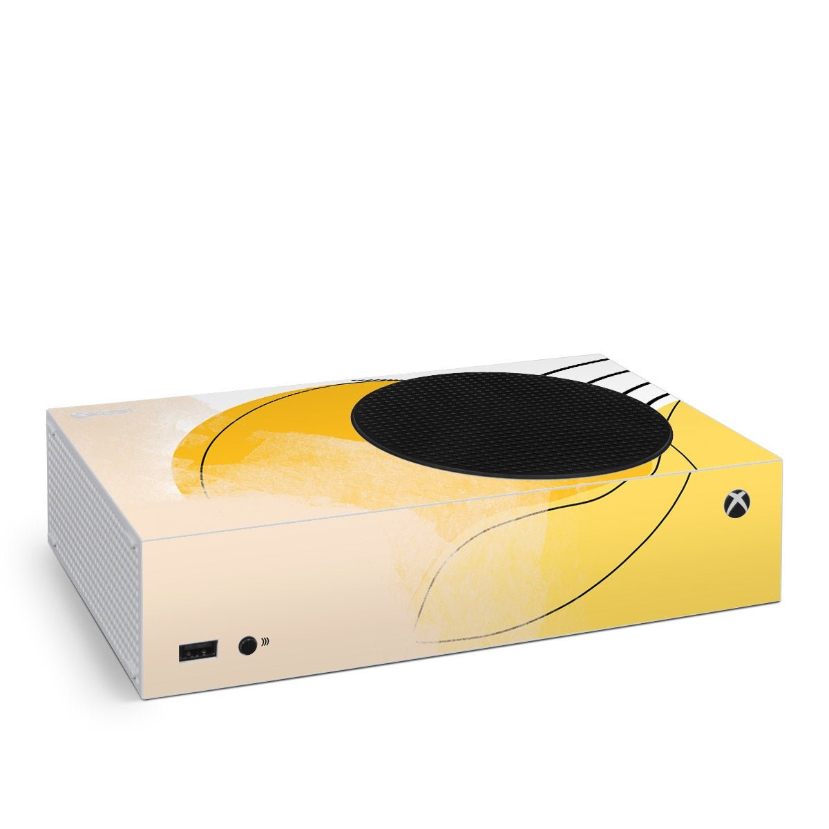 Abstract yellow Xbox Series S console skin with black circular emblem and white swirl lines