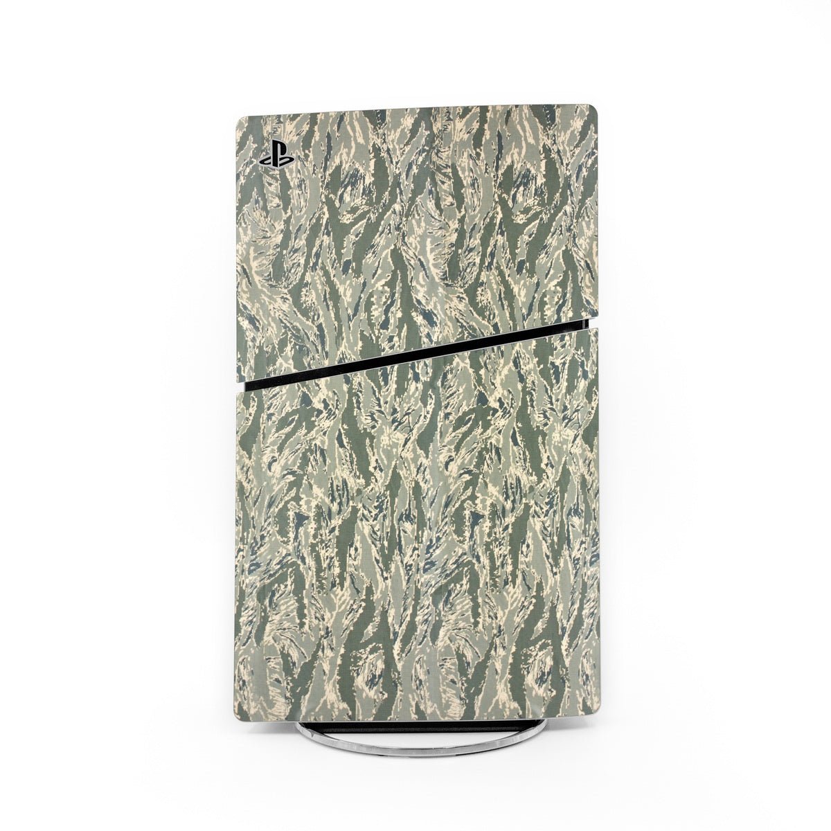 Camouflage PS5 Slim console skin with PlayStation logo and black trim line