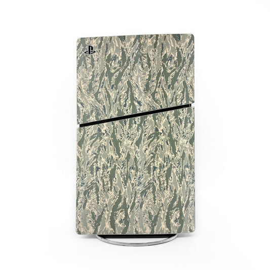 Camouflage PS5 Slim console skin with PlayStation logo and black trim line