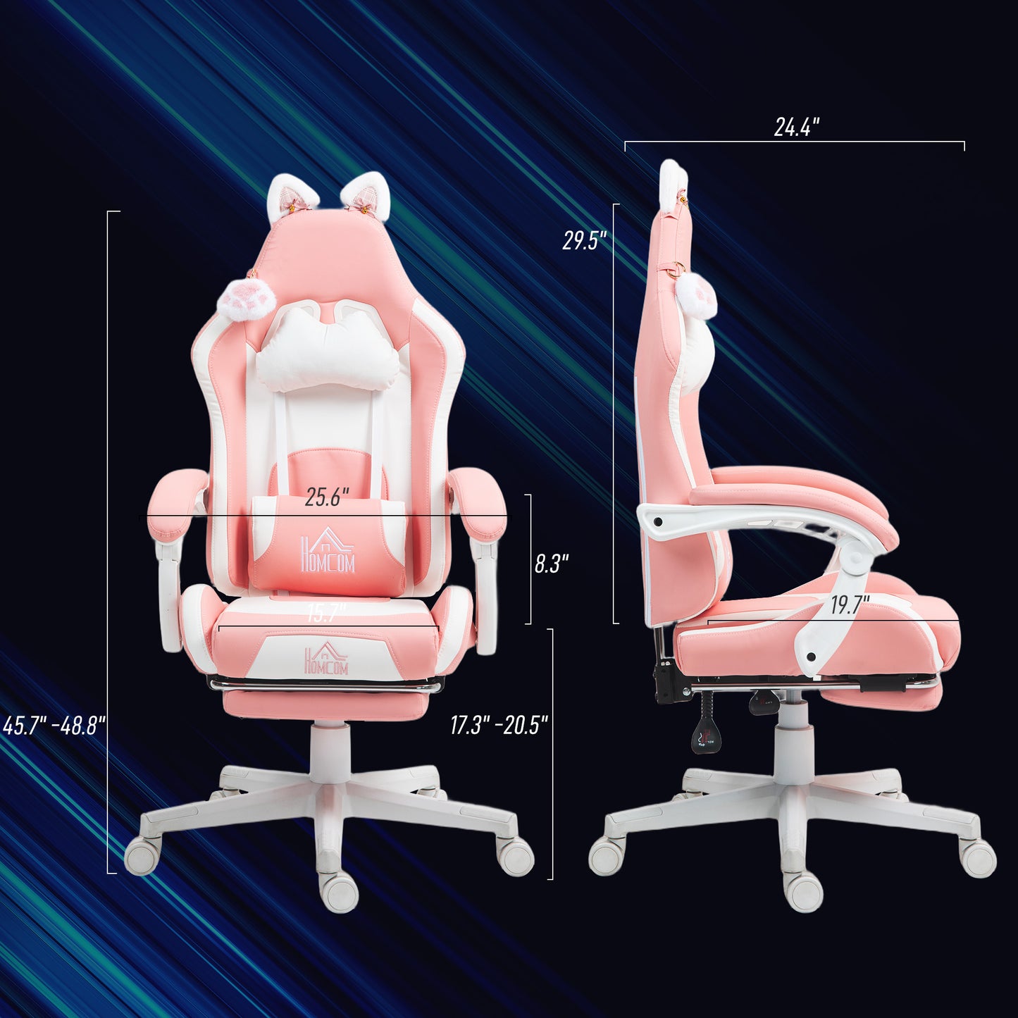 Pink racer chair side view with cat-ear headrest, padded backrest and white swivel base.