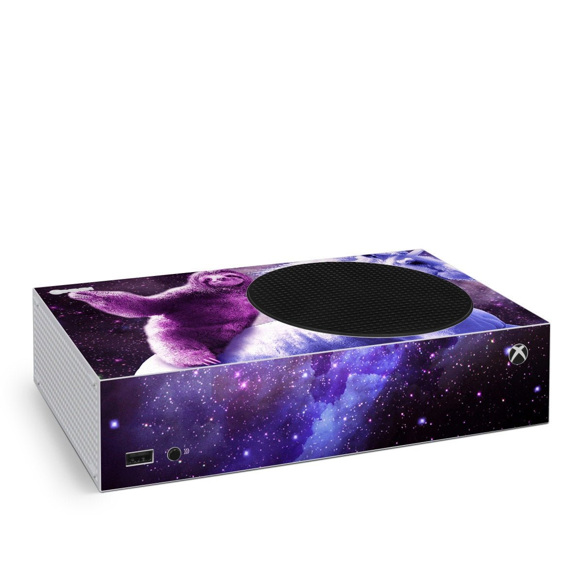 Xbox Series S skin with purple and blue galaxy artwork, covering the console surfaces