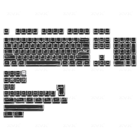 Dye-sublimation keycap set with black and white cherry-profile keys, mixed character legends