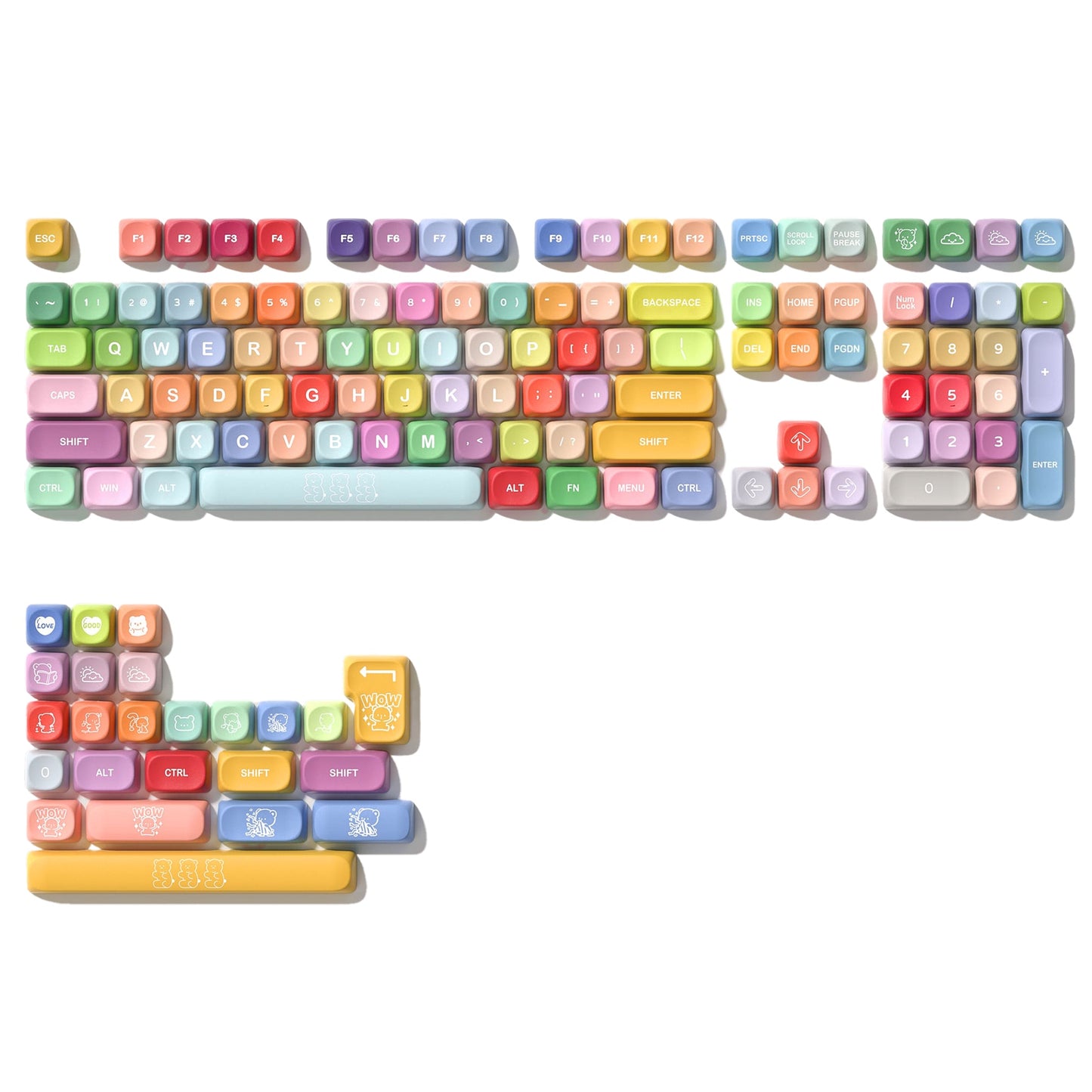 Colorful PBT keycap set with mixed pastel legends and stepped MOA profile