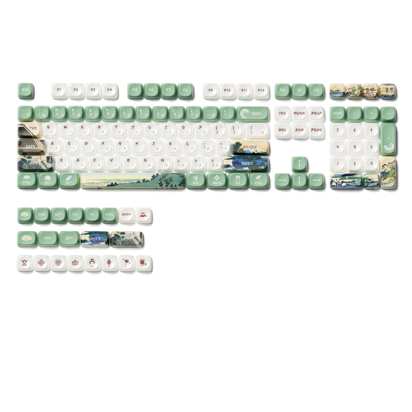 Keycap set with white and green keys plus blue-and-printed accent caps