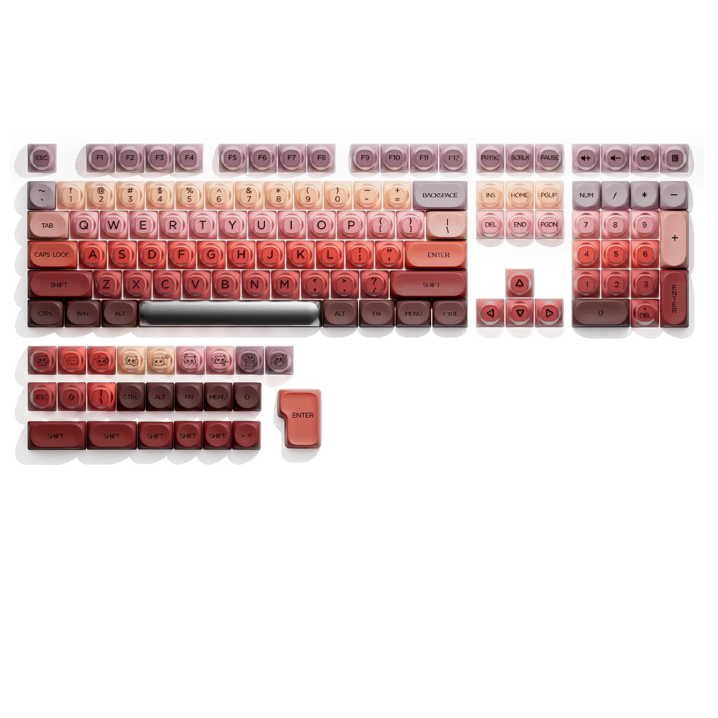 Translucent HOA profile keycap set, warm red-orange legends, full 132-key layout