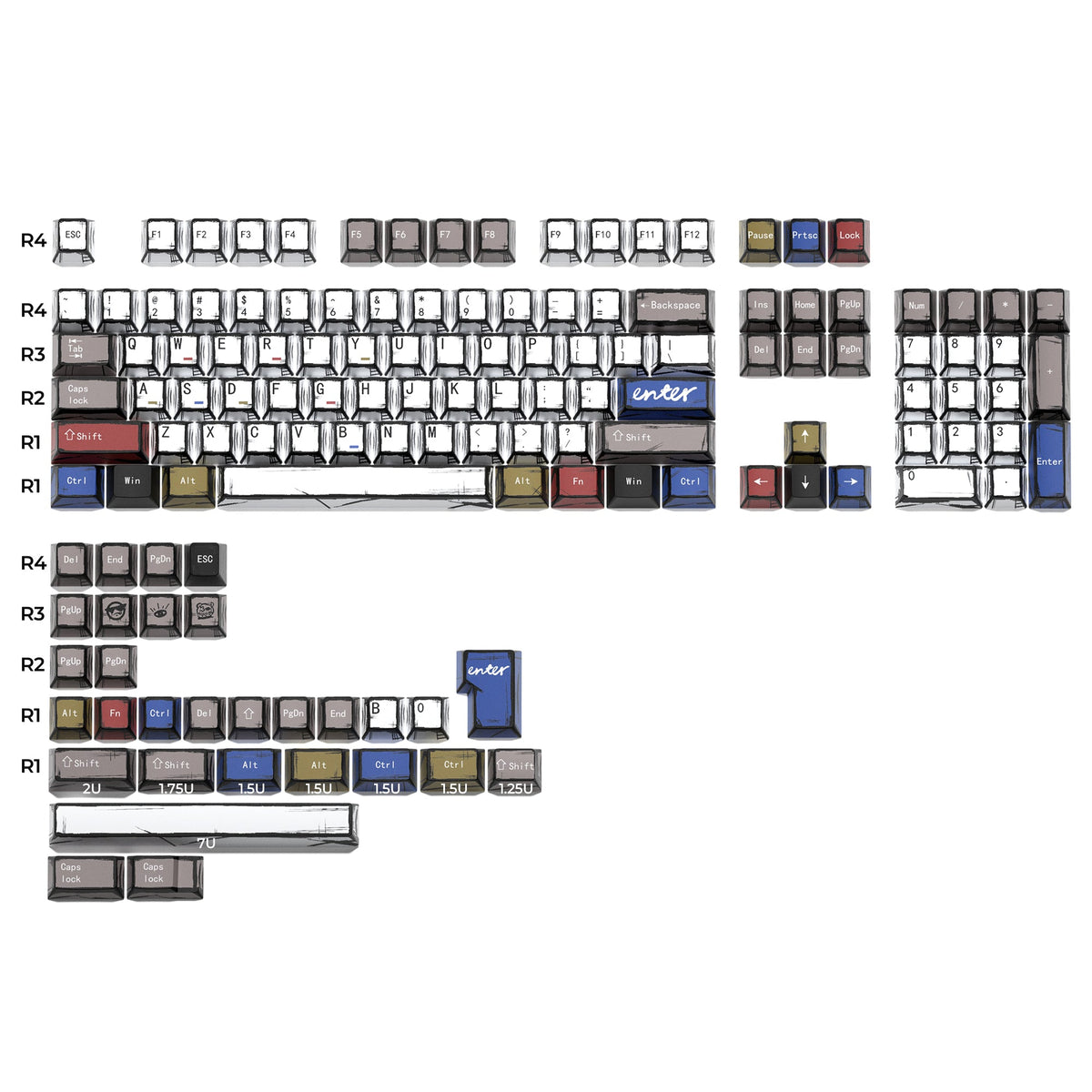 Cherry-profile keycap set layout sheet showing mixed colors and key sizes
