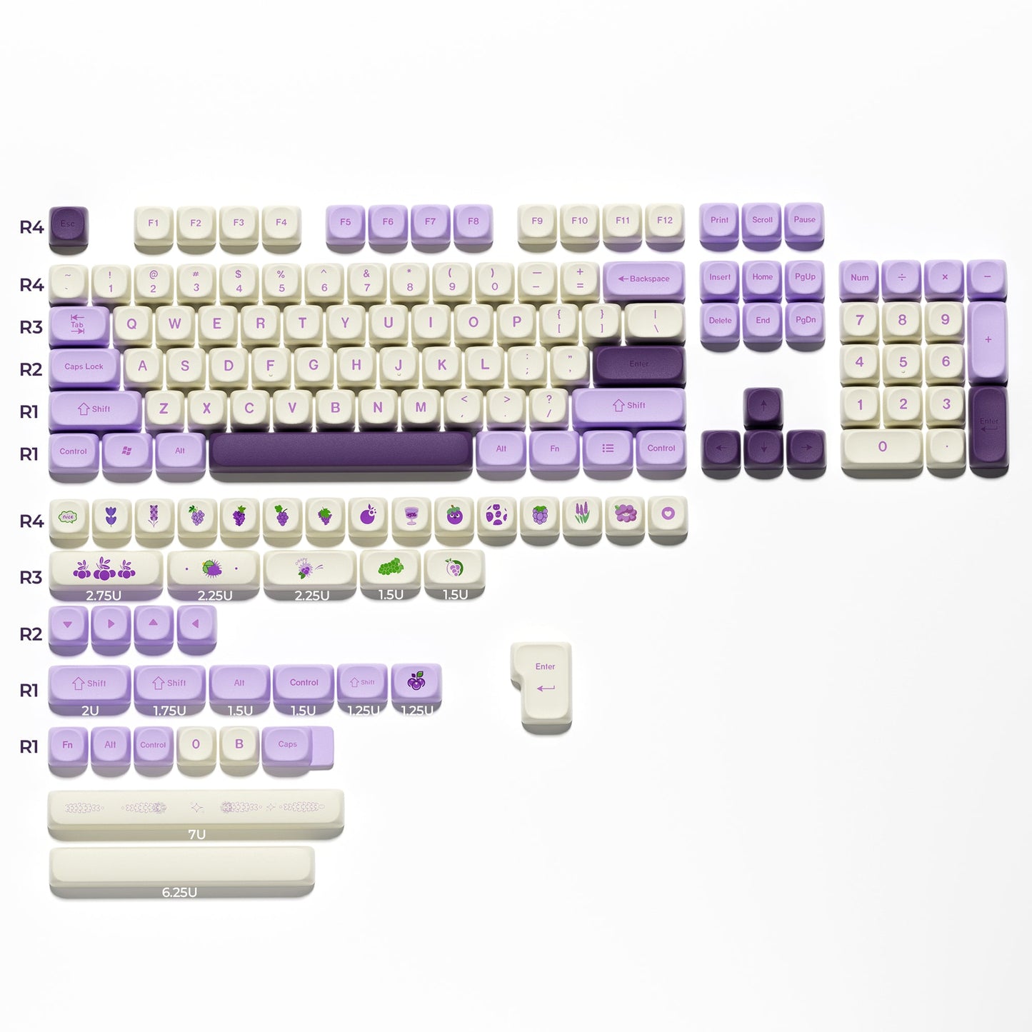 MOA profile keycap set with cream and lavender keys, grape-themed icons