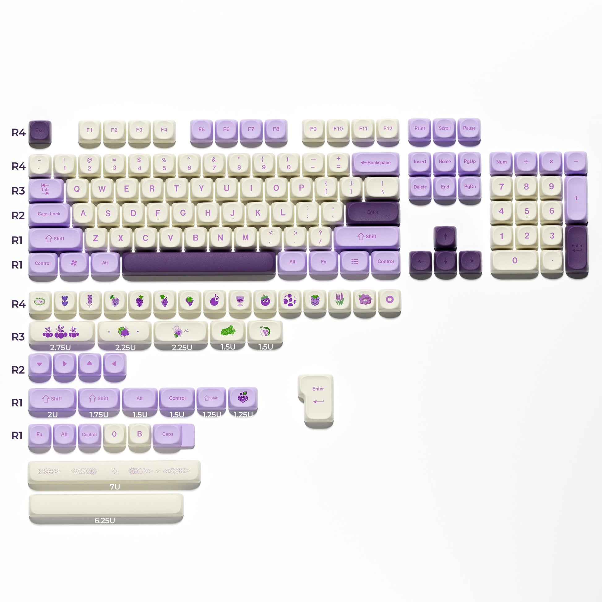 MOA profile keycap set with cream and lavender keys, grape-themed icons