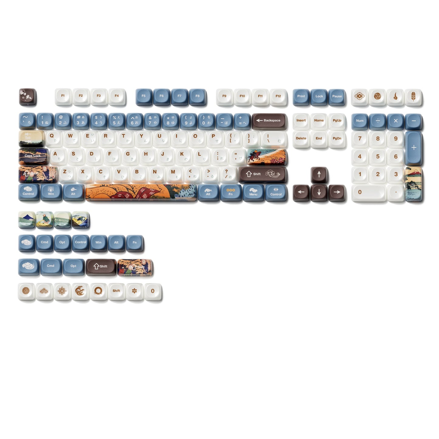 Keycap set with white and blue keys, brown accent caps, and small numbered key rows