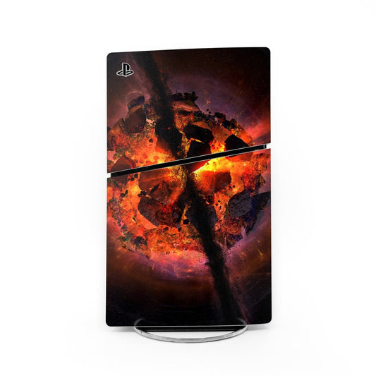 PS5 Slim skin decal with fiery battle artwork and PlayStation logo.