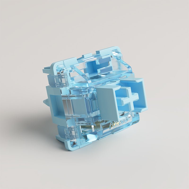 Light blue mechanical keyboard switch with transparent case and visible internal mount