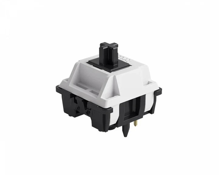 Lubed mechanical keyboard switch with white housing, black stem, and side mounting pins