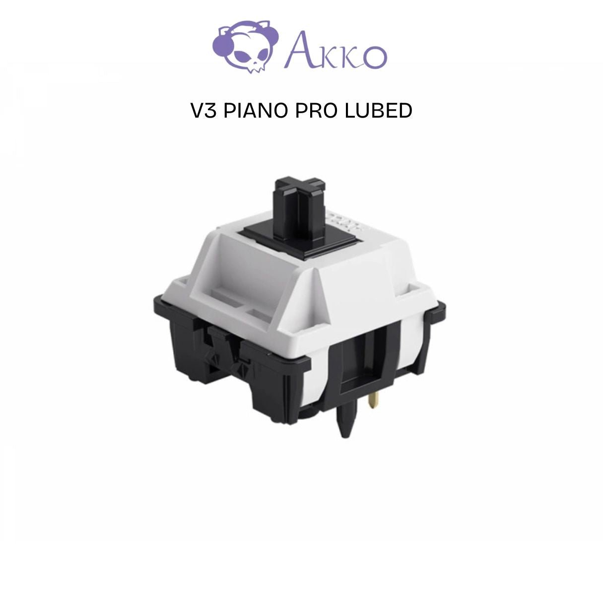 Lubed mechanical keyboard switch with white housing and black stem, visible pins