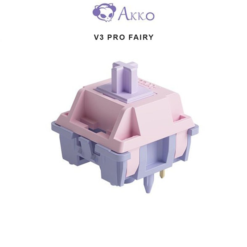 Mechanical keyboard switch, pastel pink and lavender housing with visible pins and stem