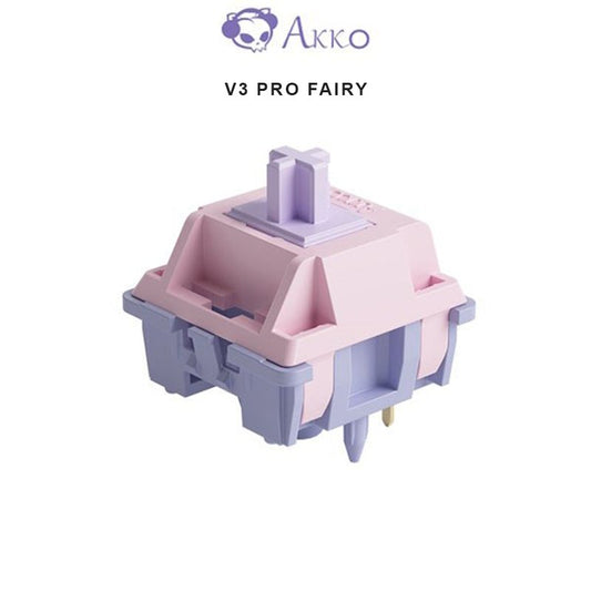 Mechanical keyboard switch, pastel pink and lavender housing with visible pins and stem