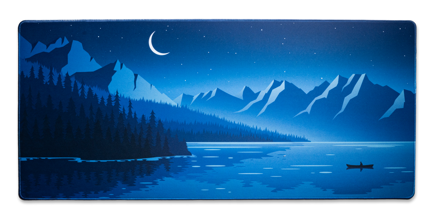 Alberta V2 desk mat with dark blue night landscape, moon, pine trees, mountains