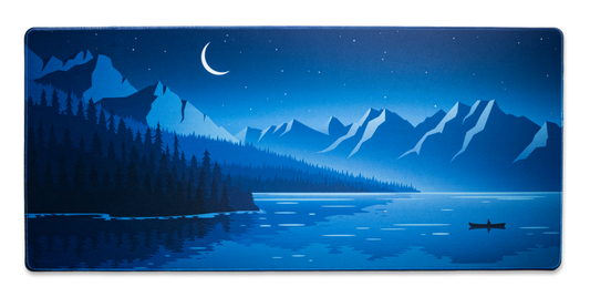 Alberta V2 desk mat with dark blue night landscape, moon, pine trees, mountains