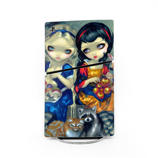 PS5 Slim console skin with colorful Alice and Snow White character artwork