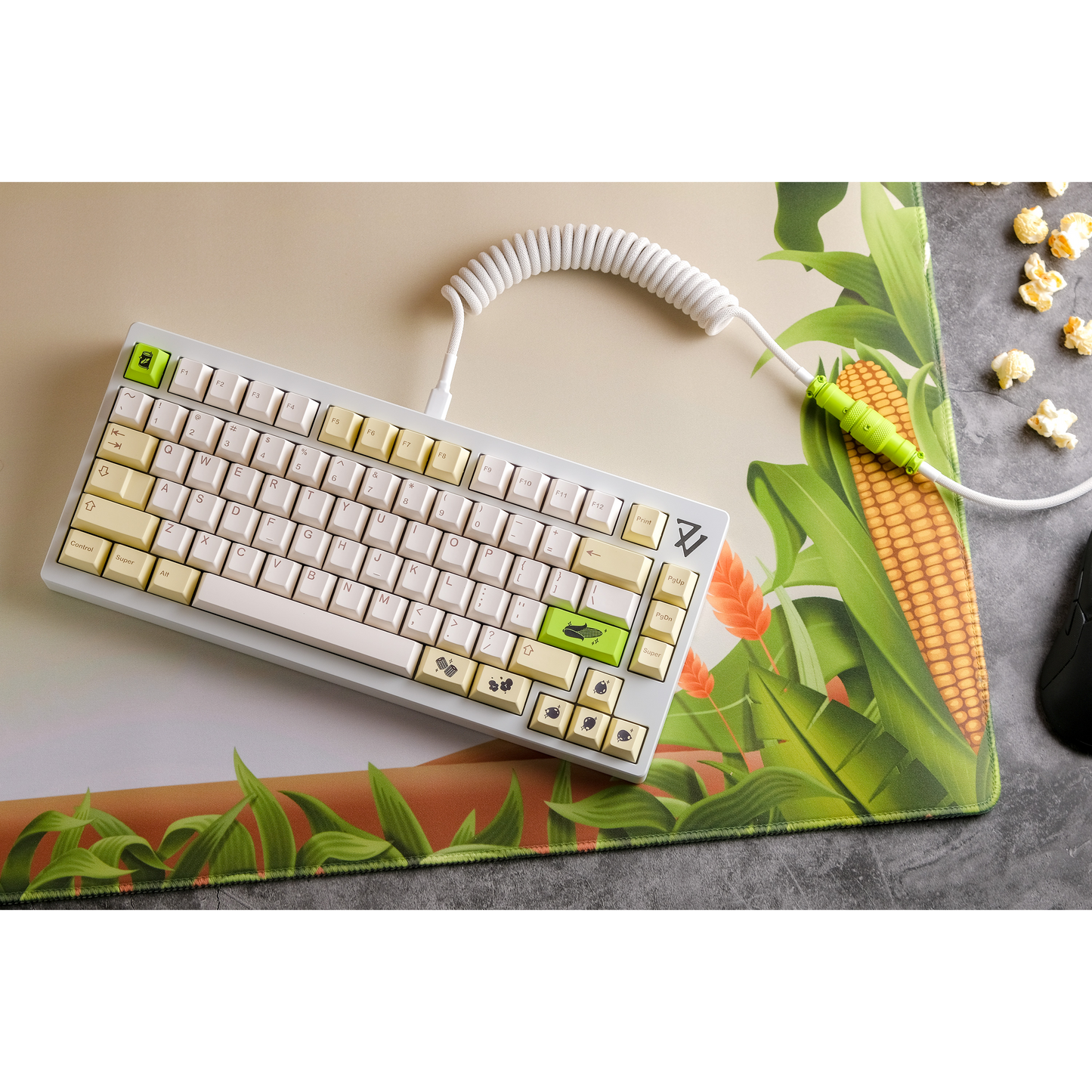 Rectangular corn-themed desk mat with leafy border and colorful design