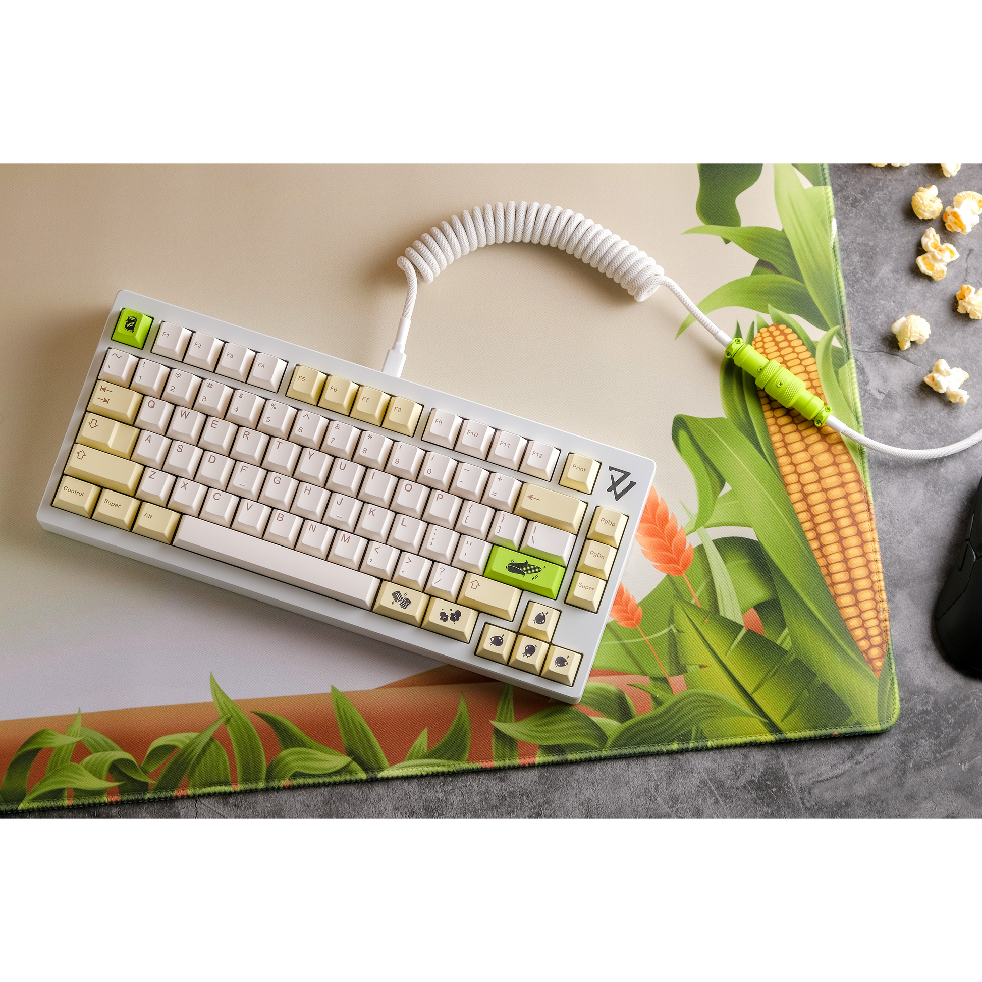Rectangular corn-themed desk mat with leafy border and colorful design