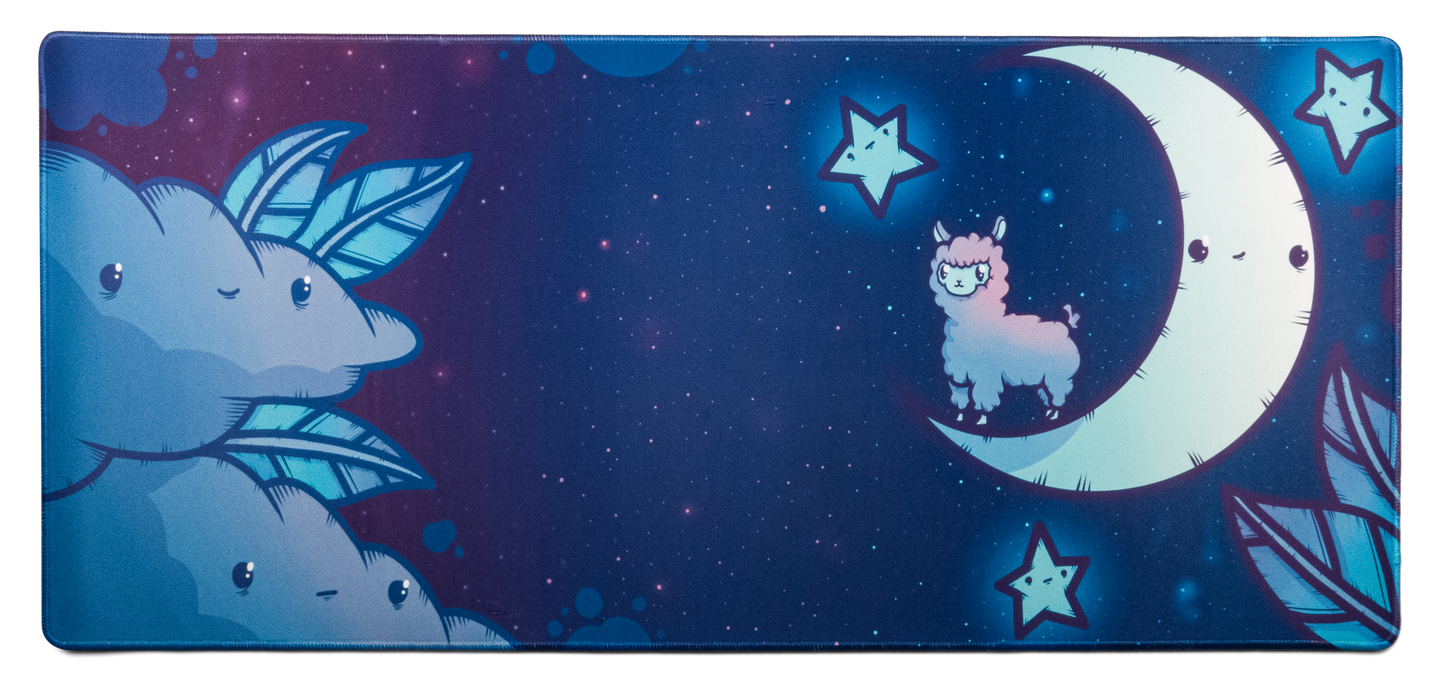 Blue alpaca-themed desk mat with crescent moon, stars, and leaves graphic