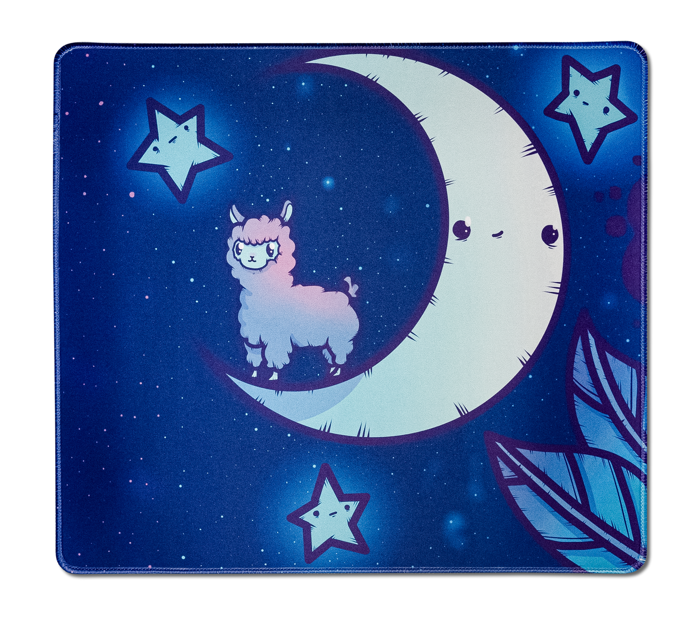 Blue alpaca-themed desk mat with crescent moon and star accents