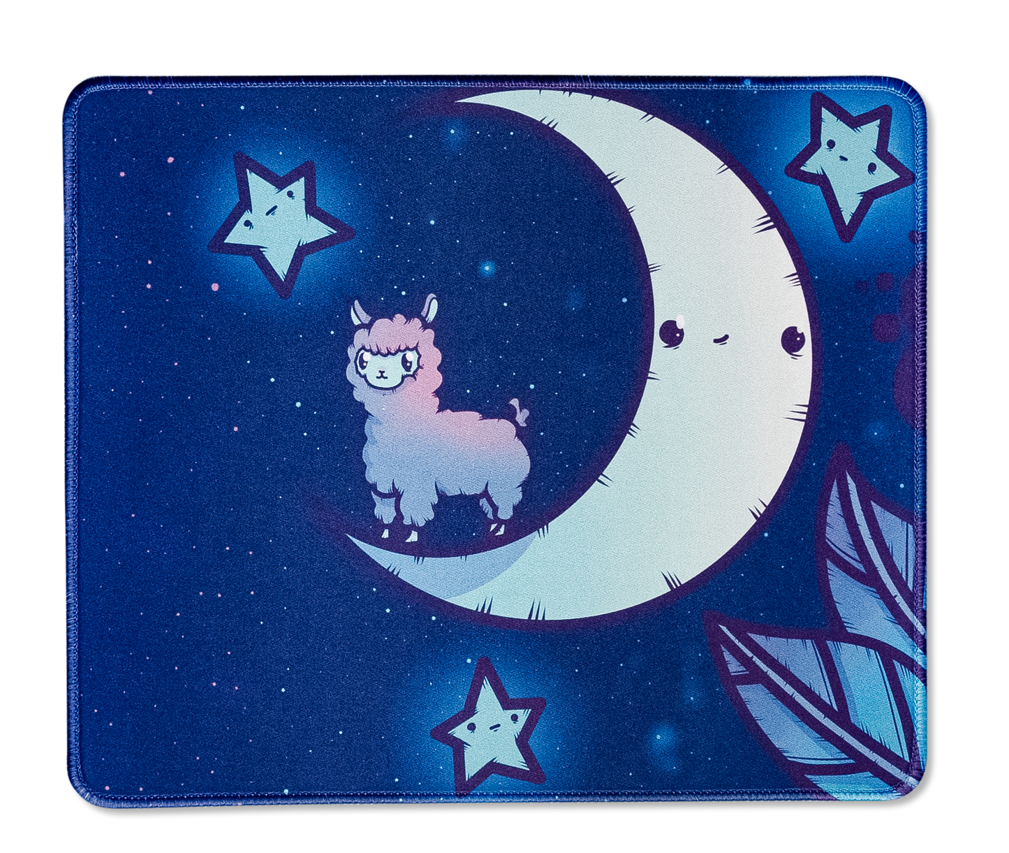 Blue alpaca-themed desk mat with crescent moon, stars, and leaf accents