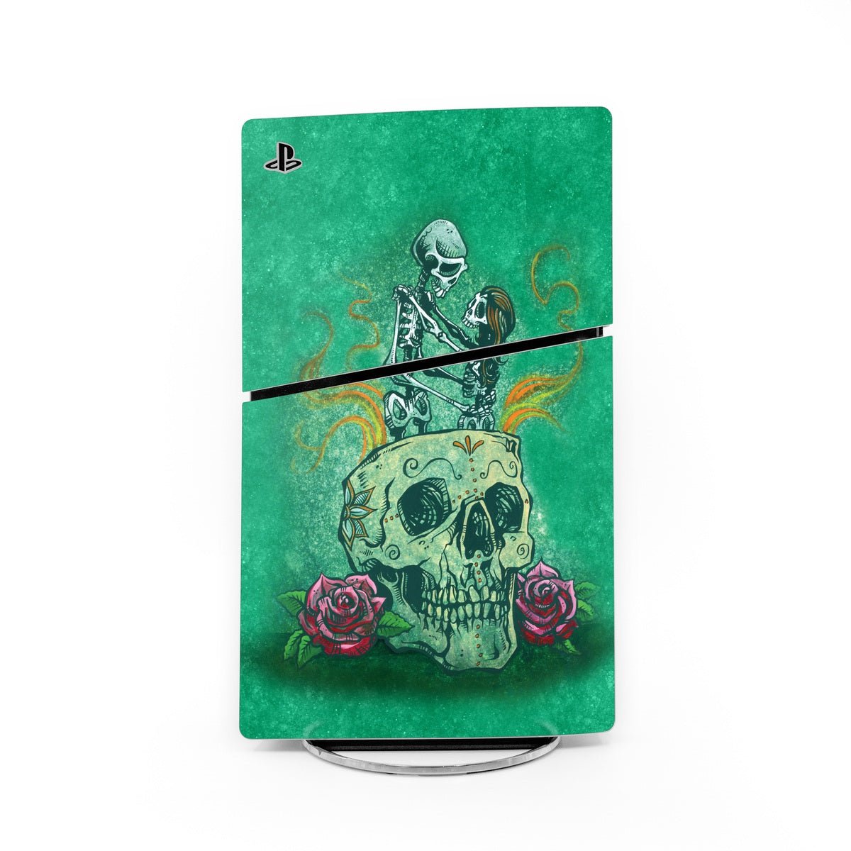 Sony PS5 Slim skin, green fantasy art with skull, roses, and PlayStation logo